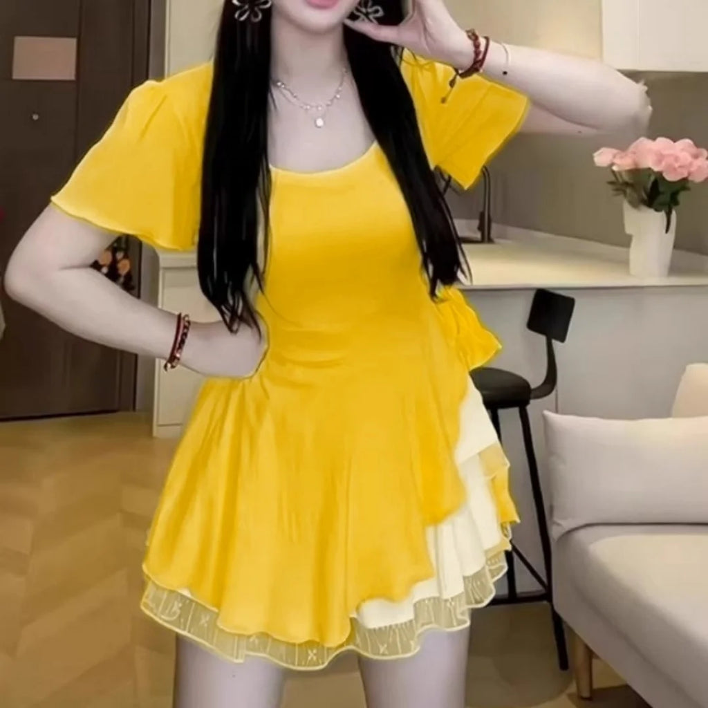 Plus Size Women's Ruffle Short Sleeve T-shirt Elastic Irregular Hem Slim Fit Shirt&Blouses Solid Summer Casual Elegance Top Chic