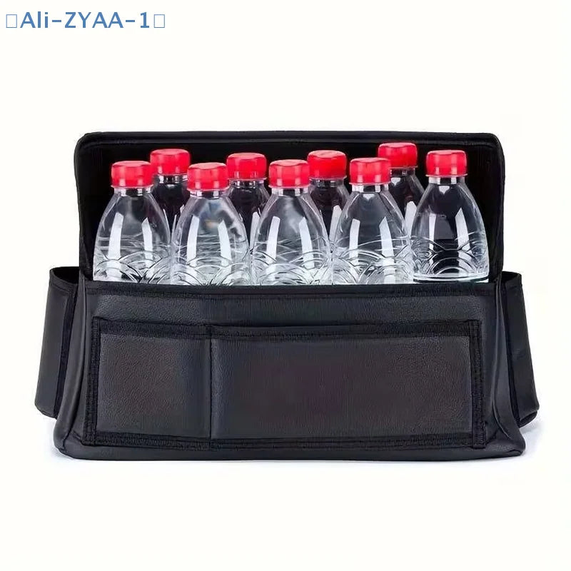 【ZYAA-1】One Durable PU Leather Car Seat Storage Bag With Cup Holder, Side Pockets And Front Storage Compartment.