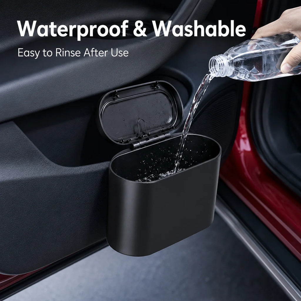 Universal Car Trash Can Organizer Waterproof Clip-On Garbage Bin with Push Lid Bag Roll for BMW Audi Mercedes Benz VW Porsche