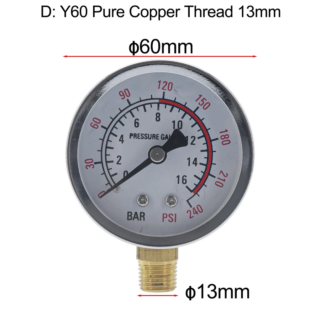 Y60 0-1.6Mpa  0-230PSI Pool Filter  Water Pressure  Gauge Meter  For Air Compressor  Pressure Gauge Air Pump Parts