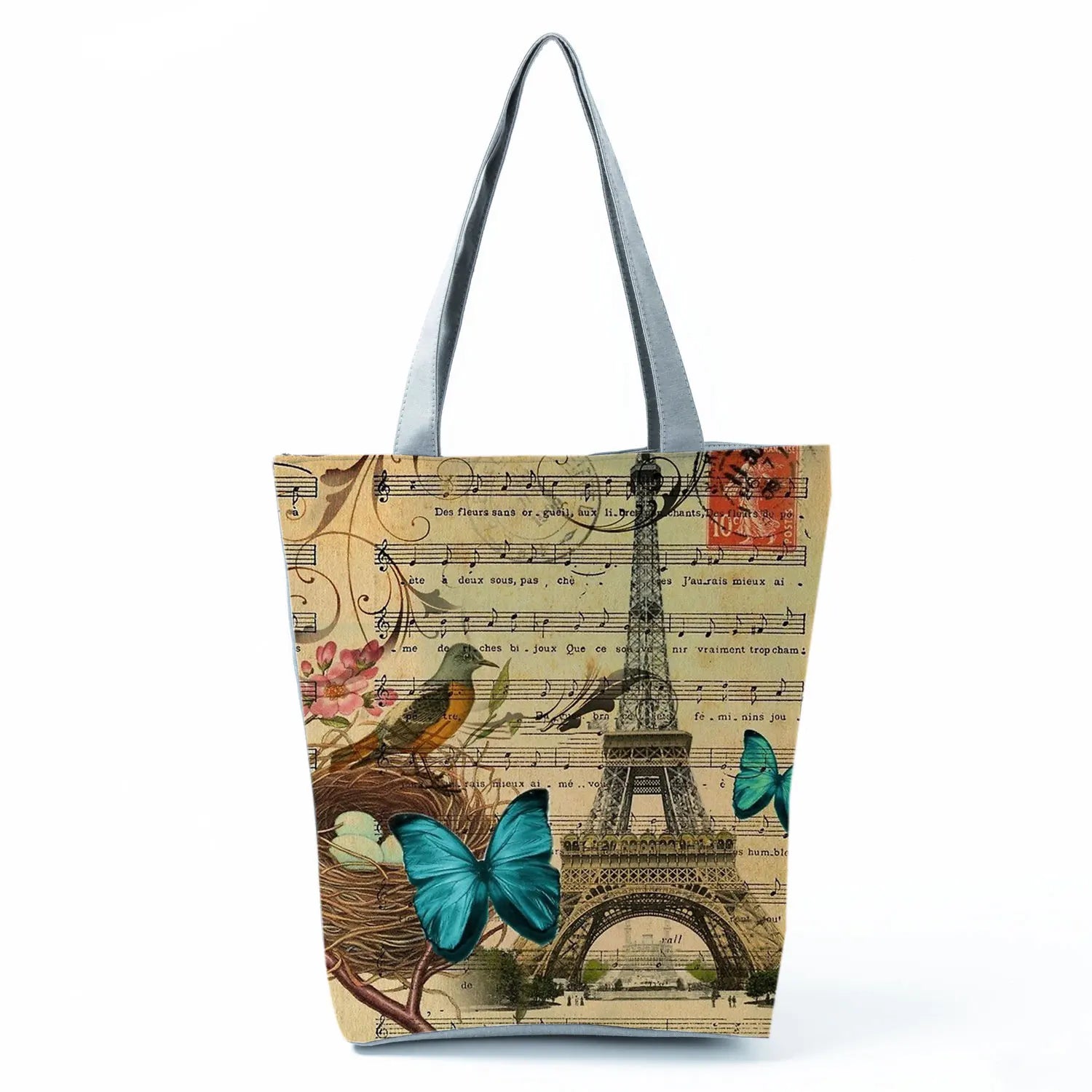Floral Eiffel Tower Print Tote Bag Paris Landscape Shoulder Bag Fashion Pretty Handbags High Capacity Shopping Bag Eco Beach Bag