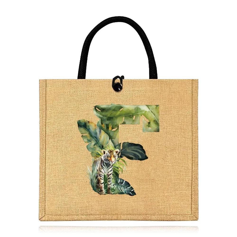 Flax Bag Fastener Handbag Organizer Storage Jute Tote Bags Imitation Cotton Women Valise Portable Jungle Tiger Printing Series