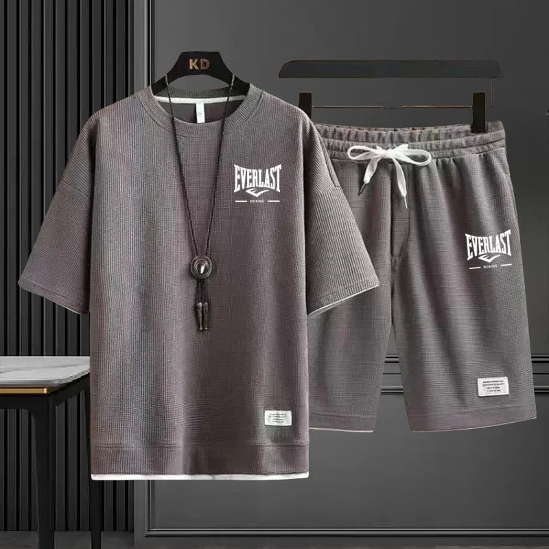 EVERLAST New Summer Men's Daily Casual Breathable Comfortable Loose Sports Set Fashion Brand Men's Waffle Top+Shorts 2-piece Set