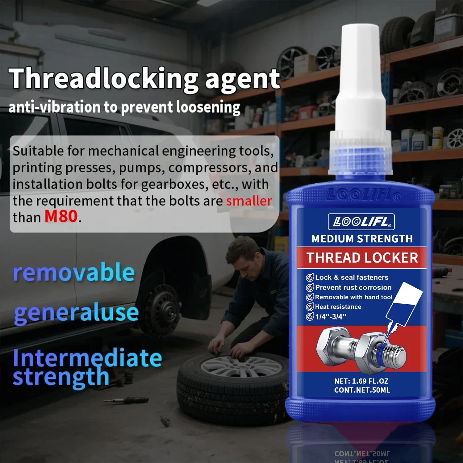 Threadlocker, Fast-Drying, Medium-Strength Screw Locking Agent, Anaerobic Adhesive, Anti-Loosening Screw Glue, Nut and Screw Fastening Adhesive, Removable