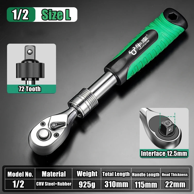 72Tooth Retractable Ratchet Wrench Automotive Repair Adjustable Drive Rotating Ratchet Quick Release 1/4 3/8 1/2" Manual Tool
