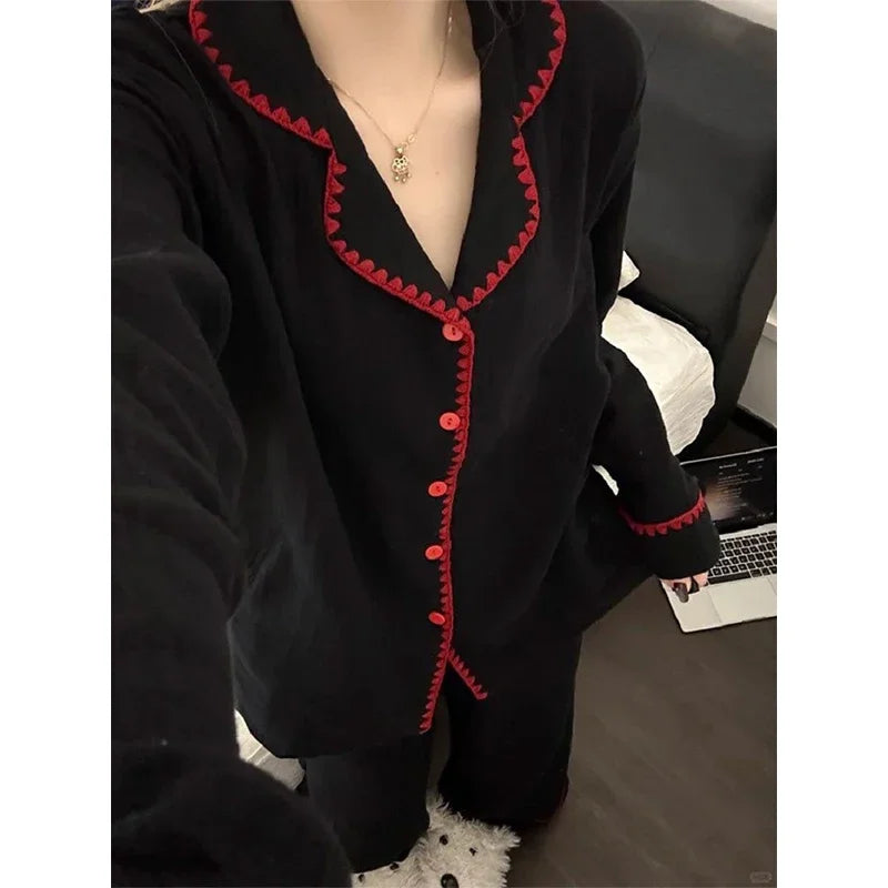 Women's Fashion Cute Plus Size Pajama Sets Comfort Casual Long-Sleeve Cardigan Lapel Top and Long Pants Two-Piece Set Loungewear