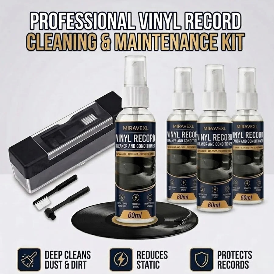 MIRAVEXL Vinyl Record Care Kit: Includes 60ml Cleaning Fluid and Anti-Static Velvet Brush — Dedicated Record Maintenance Set