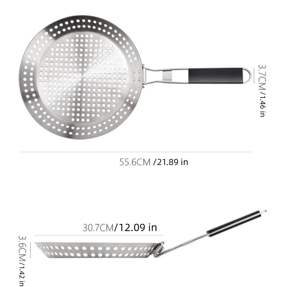 Portable Stainless Steel Vegetable Grill Basket Circular Non Stick BBQ Plate Folding Wood Handle Grill Fry Pan Kitchen Cooking