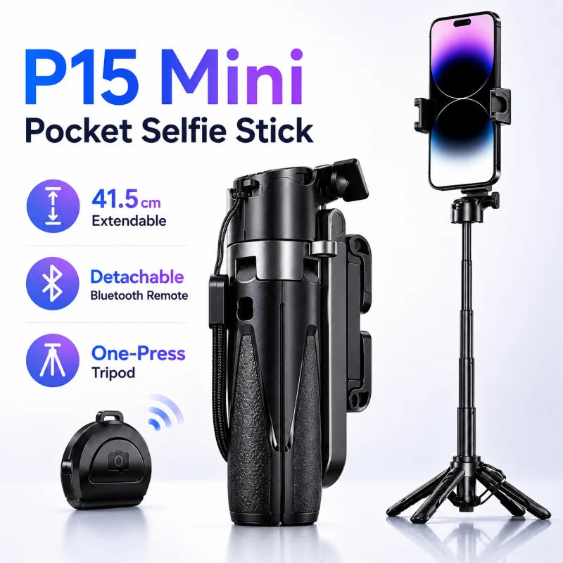P15 Mini Bluetooth Selfie Stick Tripod Universal Phone Holder Portable Extendable Travel Handheld Stand for Live Vlog