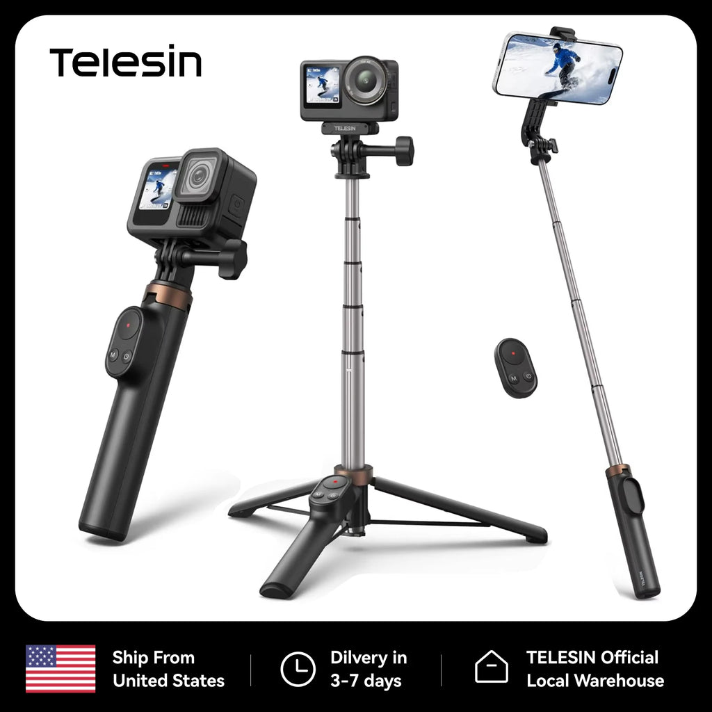 TELESIN Mini Remote Control Selfie Stick Tripod for DJI Osmo Action 6 5pro 4 360 GoPro Hero Smartphone Vlog Selfie Stick Stand