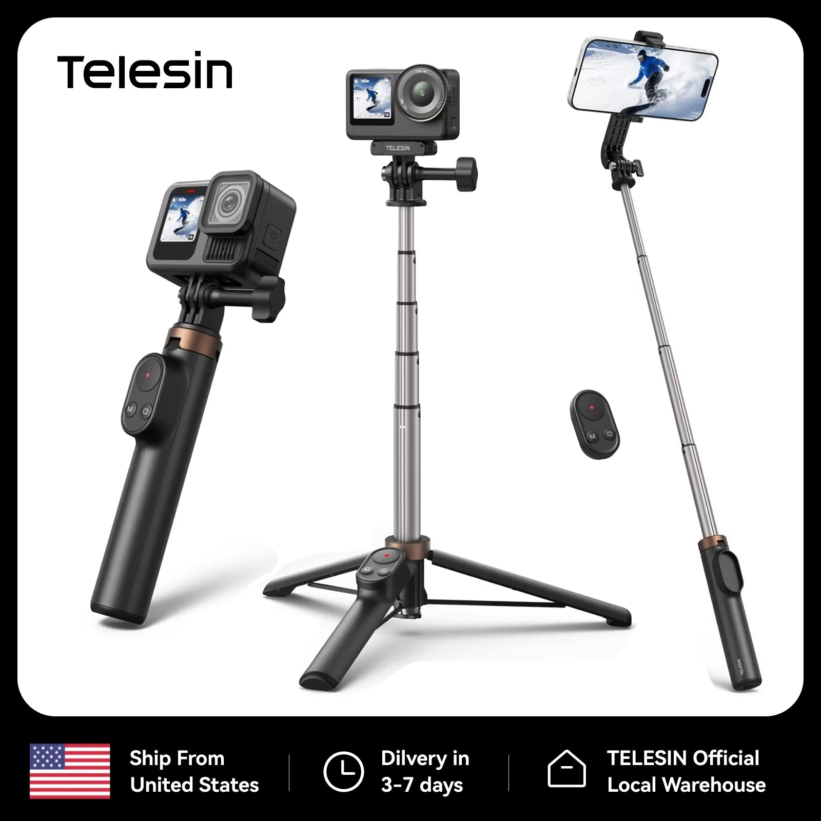 TELESIN Mini Remote Control Selfie Stick Tripod for DJI Osmo Action 6 5pro 4 360 GoPro Hero Smartphone Vlog Selfie Stick Stand