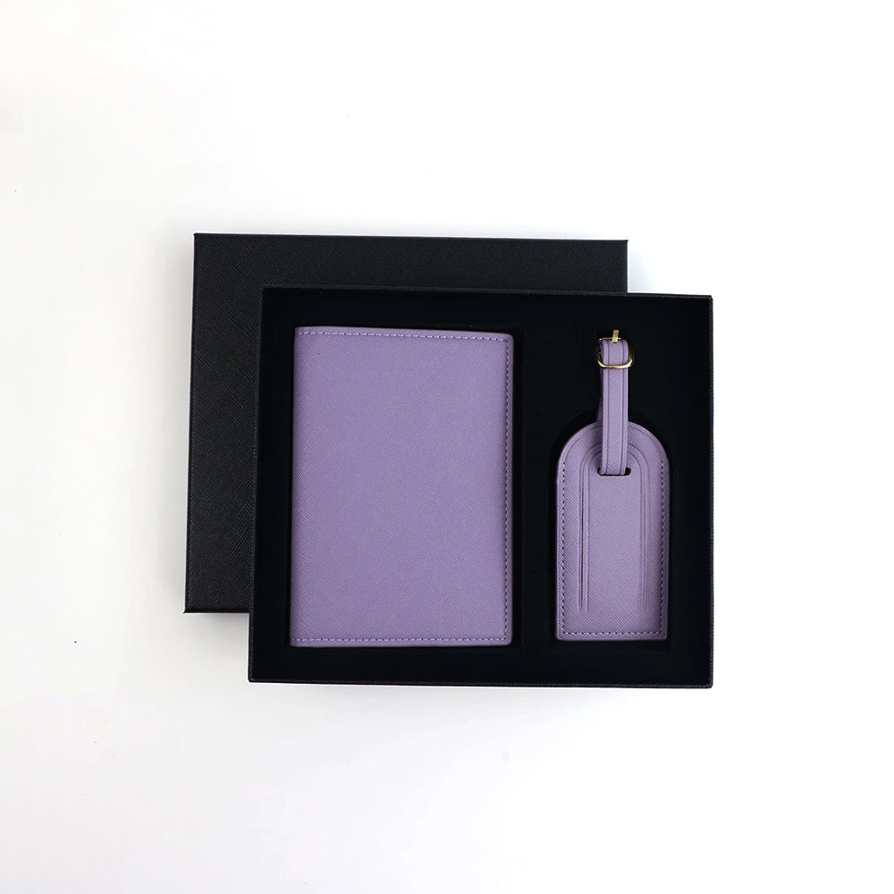 Customized name set, unisex Safiano PU leather passport holder and luggage tag gift box