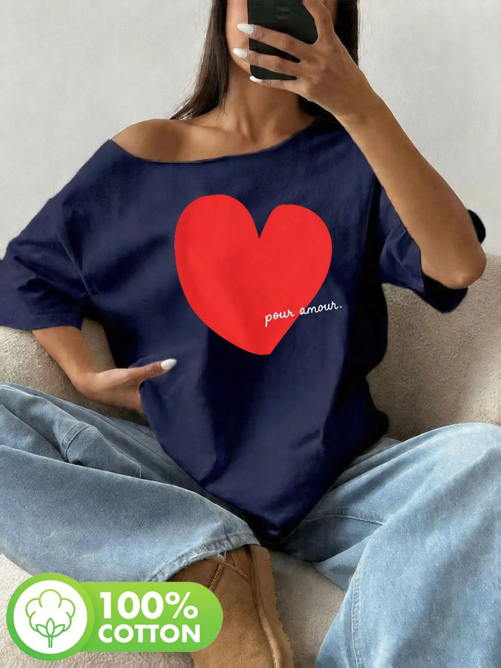 Plus Size Large Red Watercolor Heart Graphic Tee with Pour Aimer Text, Soft Handcrafted Feel, Y2K Oversized Loose Fit Summer