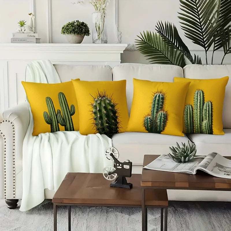 4-Piece 2D Printed Pillowcase Set – Cactus Pattern on Yellow Background