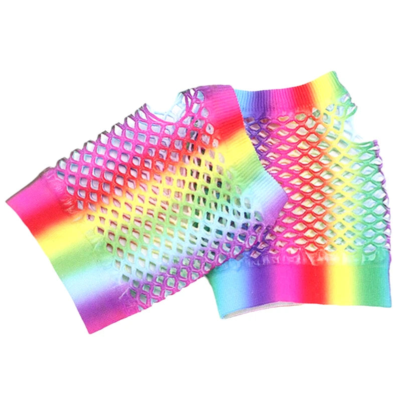 1Pair Rainbow Color Ladies Sexy Mesh Net Fishnet Gloves Women Hollow Out Holes Fingerless Gloves Mountaineering Gloves