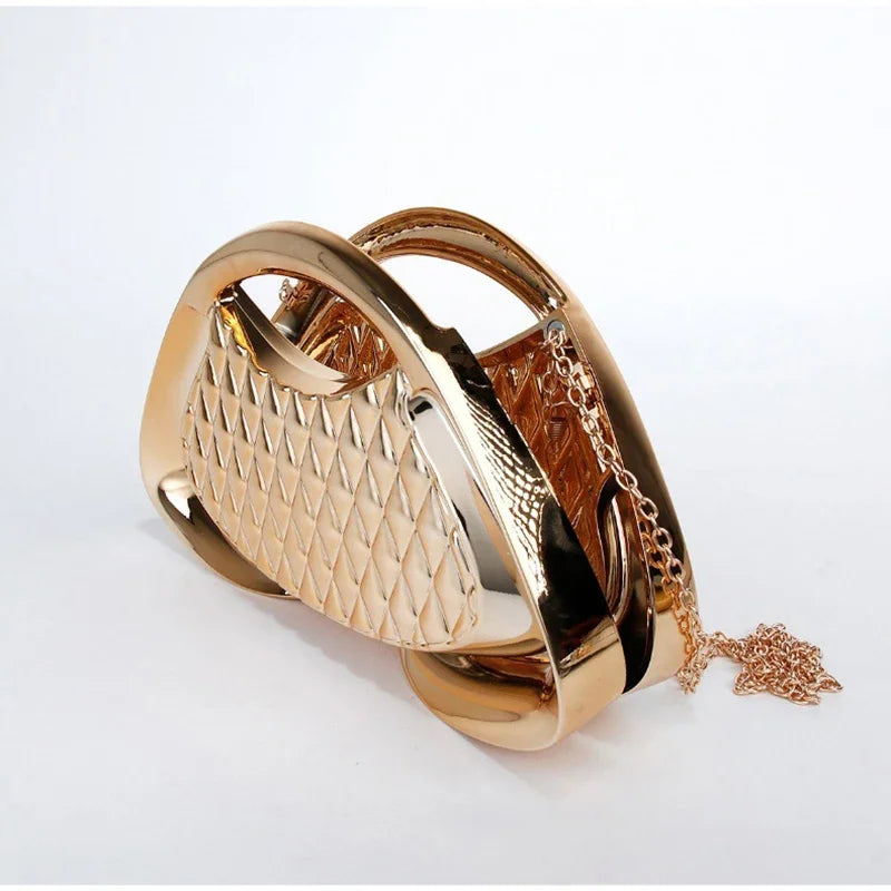 Hardware Metal Frame Clutch Bag Evening Party Purse Geometric Mesh Grid Trapezoid Shape Chain Shoulder Bag Glamorous Handbag