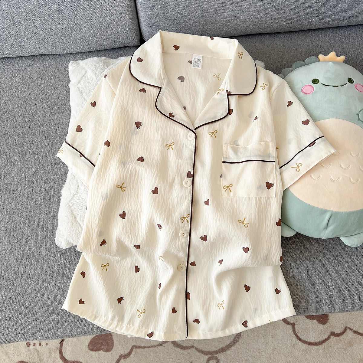 Women's Summer Thin Pajamas with Heart-Shaped Pattern, Short-Sleeved Shorts, Sweet and Cute, Can Be Worn Outside in Summer, Two-Piece Home Wear Set