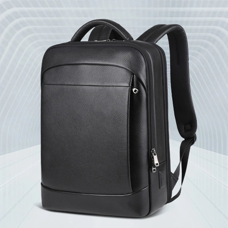100% Genuine Leather Backpack Men 15.6 Inch Laptop Backpack USB Charge Anti-Theft Waterproof Large Capacity Male Travel Bags