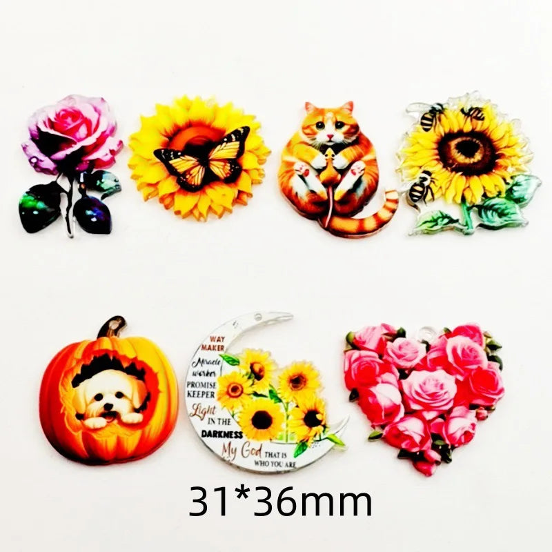 10pcs Acrylic Double sided Colorful Sunflower and Rose Pendant DIY Handmade Jewelry Pendant Accessories Material