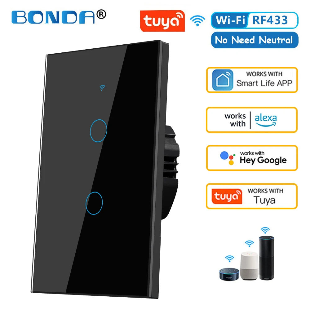 Tuya WiFi Smart Light Switch RF433 No Neutral Wire Required Wall Touch Sensor Switch Voice Control Work with Alexa Google Home 4