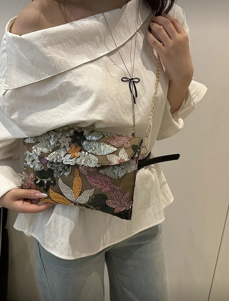 Sequin Embroidered Floral Envelope Bag, Women's Fashionable Sequin Patchwork Clutch Bag, Party Evening Bag, Irregular Cut Design, Suitable for Women, Ideal for Parties, Weddings, Balls, Perfect for Parties, Weddings, Ball Din