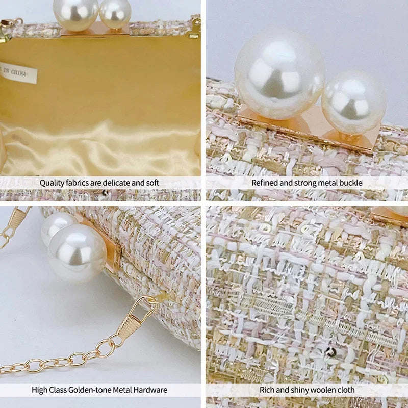 Sequin Tweed Evening Bag Faux Pearl Clutch Purse Plaid Pattern Handbags for Wedding Party Prom Small Shoulder Crossbody Bags