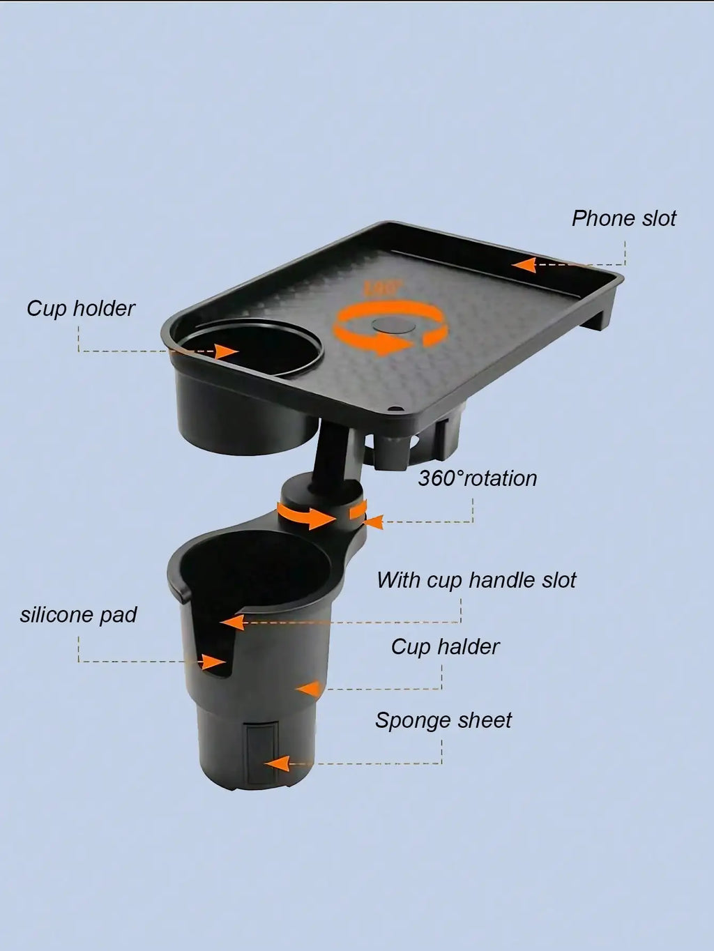 2-in-1 Car Cup Holder Tray – 360° Rotatable Tabletop, with Stable Base & Phone Slot, Durable Interior Accessory