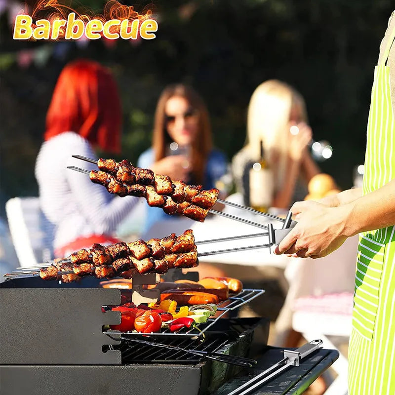 2-6PCS Semi-automatic Barbecue Fork BBQ Tools Outdoor Portable Camping Picnic 2-Head BBQ Fork Equipment Metal Skewers Forks