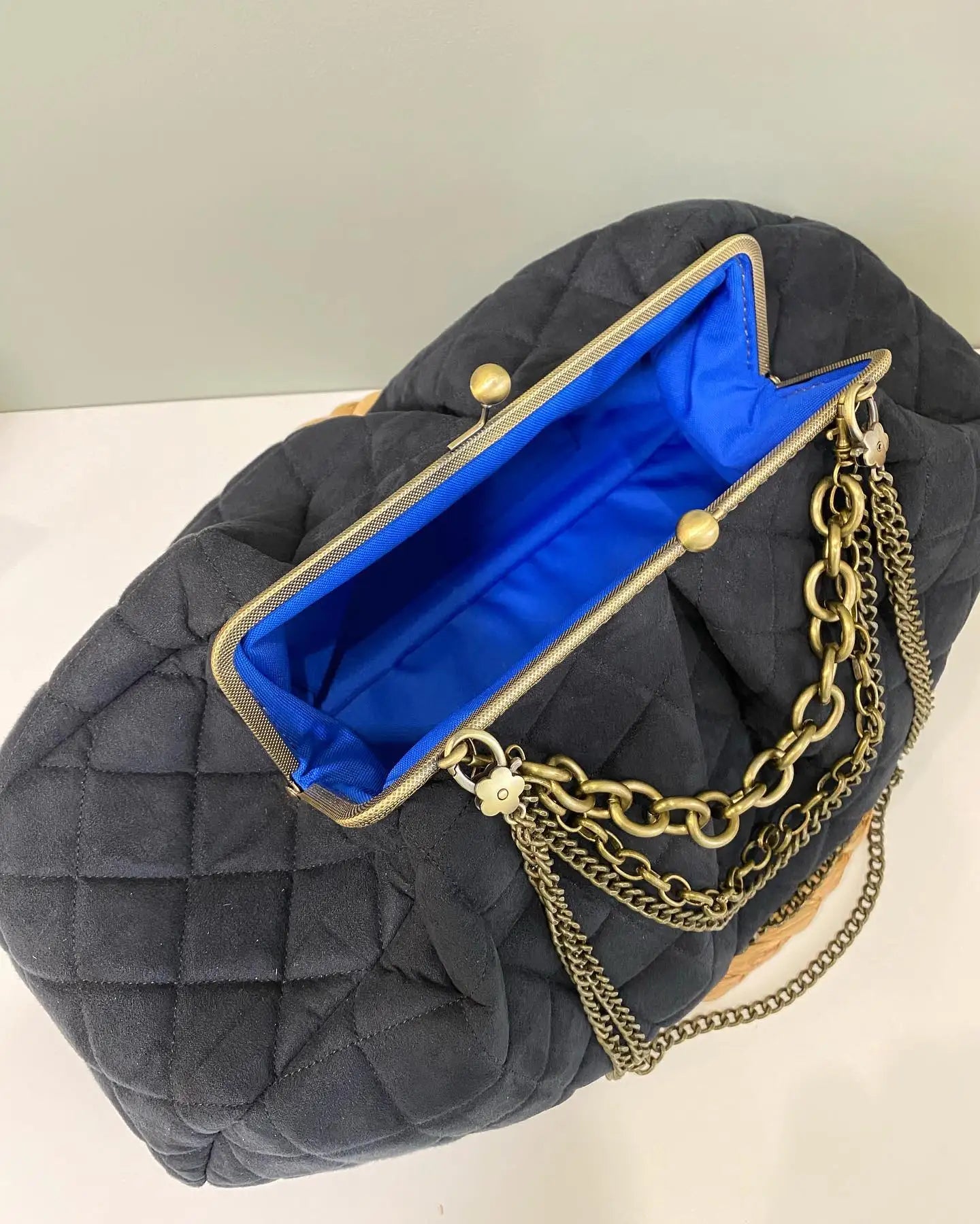 LOST IN VINTAGE Leopard Print Cotton Fabric Soft Puffy Soild Bag Balls Bronze Kiss-lock Large Purse Frame Clutch 40x24x10cm