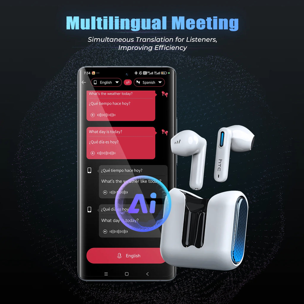 Auriculares Traductor DeIdioma 2026 HTC NE49 Translator Headphones AI Real-Time Translation BT6.0 TWS Gaming HiFi Bass IPX5