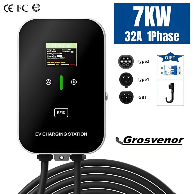 New 7KW Type2 Electric Vehicle Charger 32A EV Charging Station Type1 GBT EVSE Wallbox 1Phase EV Chargers with Screen Card