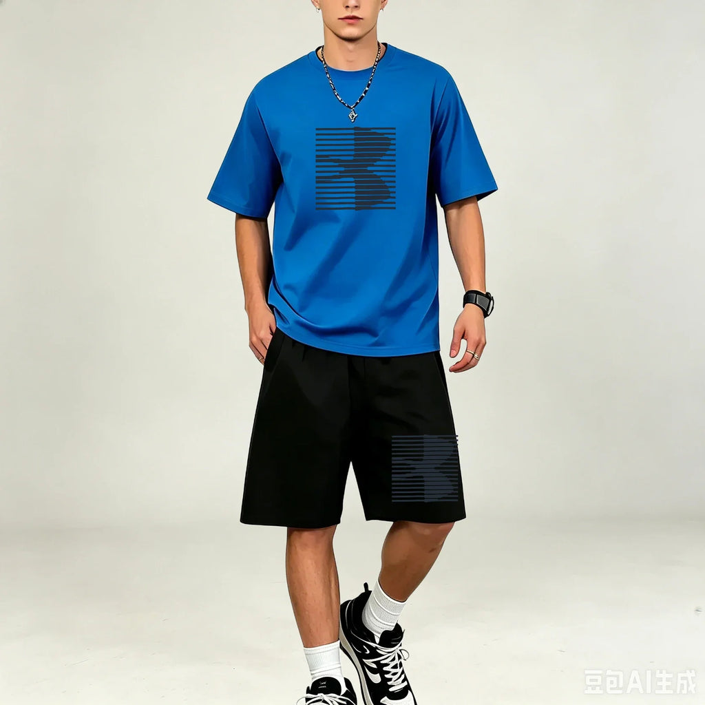 Men T‑Shirts Sets Simple Solid Color 2‑Piece Outfit Breathable Cotton T‑Shirts Sets Fashion Casual Sport Suit Workout Daily Wear
