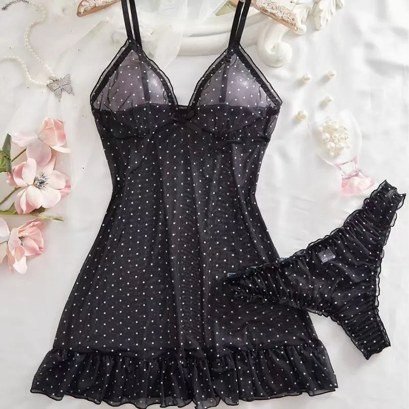 Women Blue Polka Dot Mesh Babydoll Slip Nightgown Ruffle Mini Dress Matching Thong Romantic Honeymoon Sleep Lingerie Set
