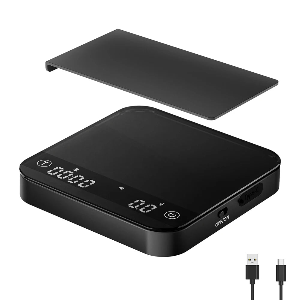 Portable Coffee Scale 0.1g Precision 0.3g-2000g, Flow Rate & Ratio Modes, 7H Battery Type-C, Tempered Glass, White & Black