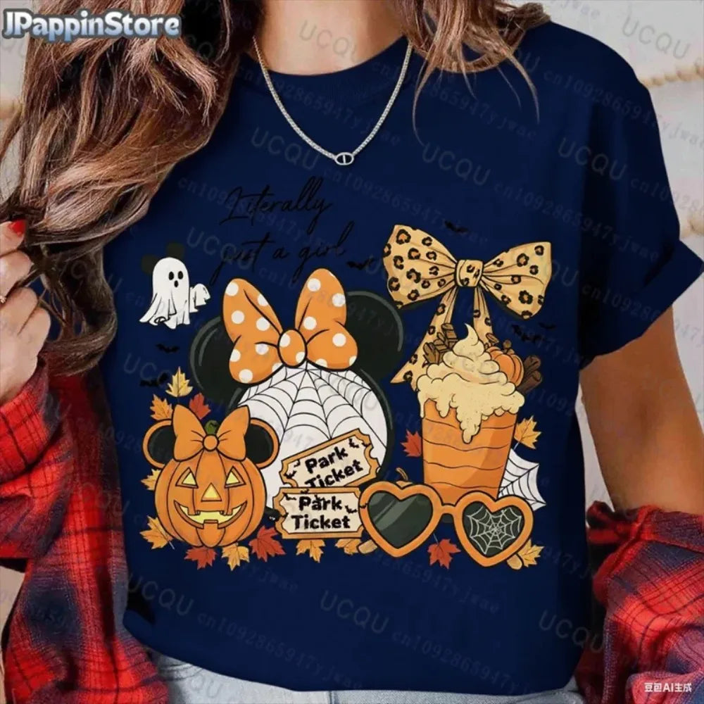 Pumpkin Mickey Halloween Short Sleeve Summer Sport Casual Women's Clothing Streetwear Classic Creative Pullover Y2K Streetwear