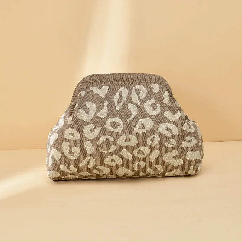 Leopard Print Knitted Clutch Bag Large Capacity Foldable Cloud Ruched Block Grid Clip Bag for Women Beach Crossbody Handbag