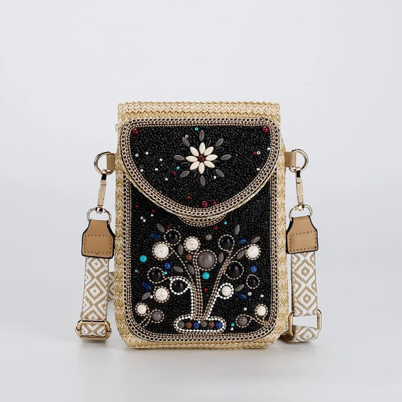 Advanced straw woven crossbody bag, new fashionable rice bead bag, European and American woven women's shoulder phone bag
