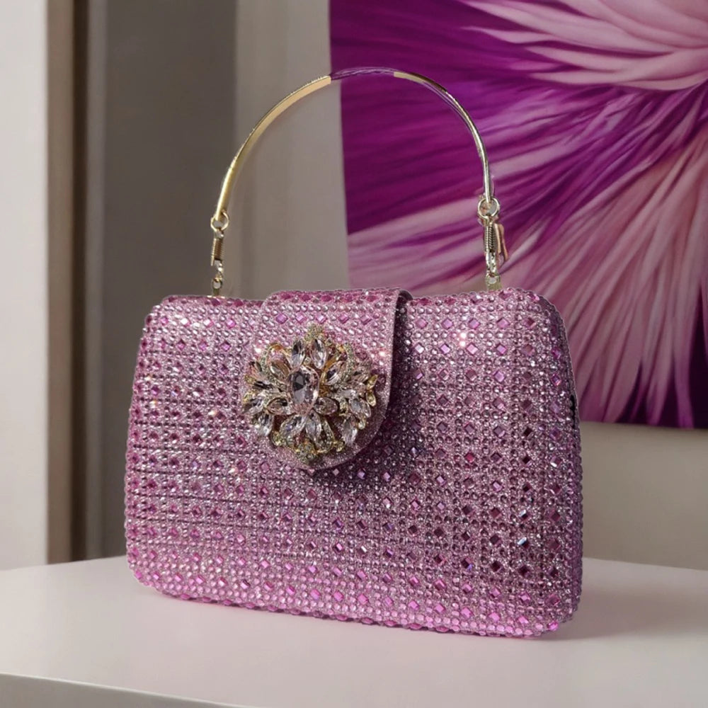 Luxury Sparkling Rhinestone Clutch Bag Crystal Evening Purse with Metal Handle Diamond Chain Handbag for Wedding Party Dinner
