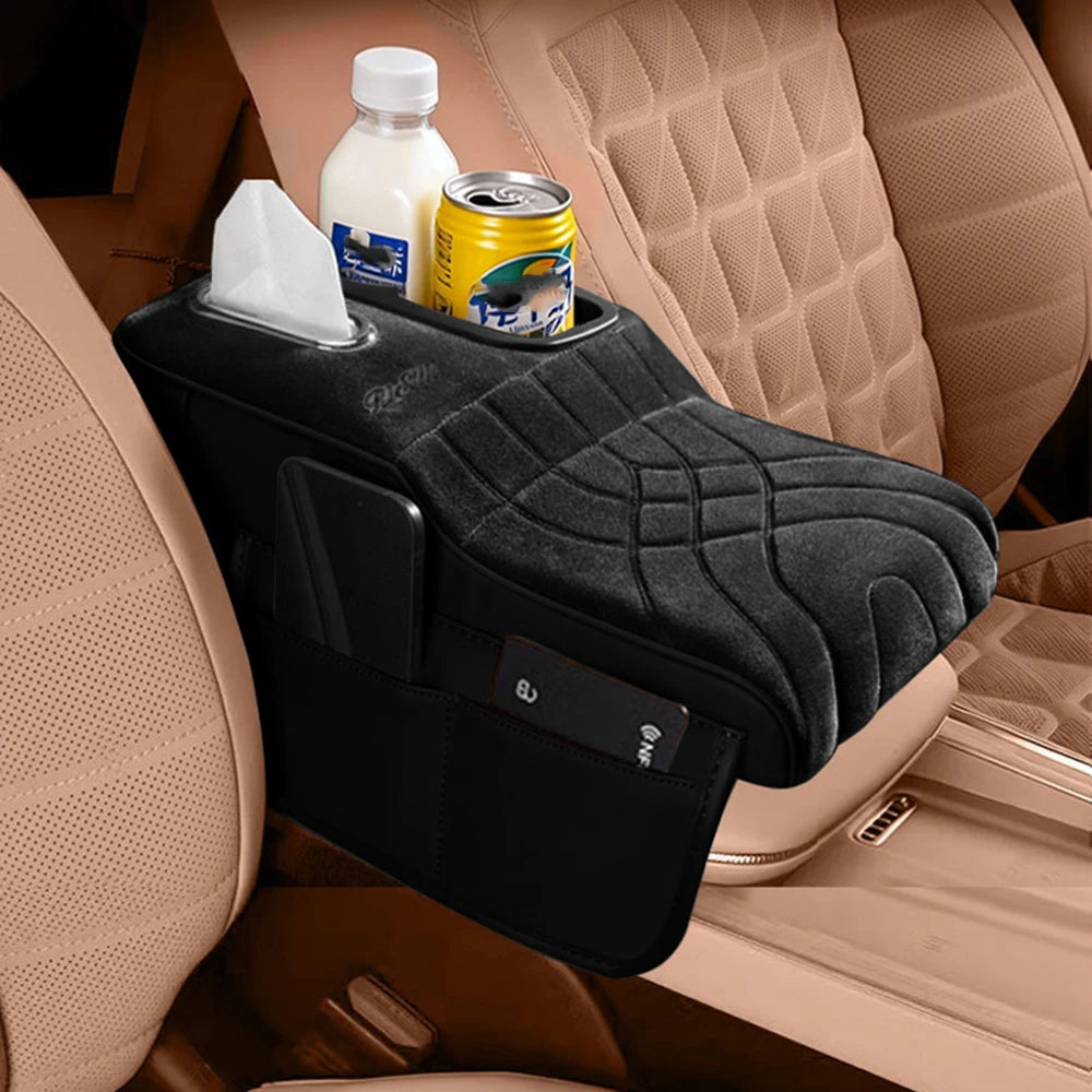 High-Low Style Suede fabric Car Armrest Box Cushion - an Armrest Cover with 2 Side Pockets, 2 Cup Holder,and 1 Tissue Box.