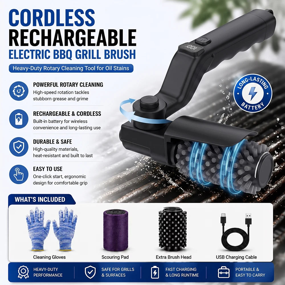 Electric BBQ Rotary Grill Brush, 4-Speed 4000mAh Cordless Cleaner, Adjustable Angle Barbecue Tool for Outdoor Grills Cleaner