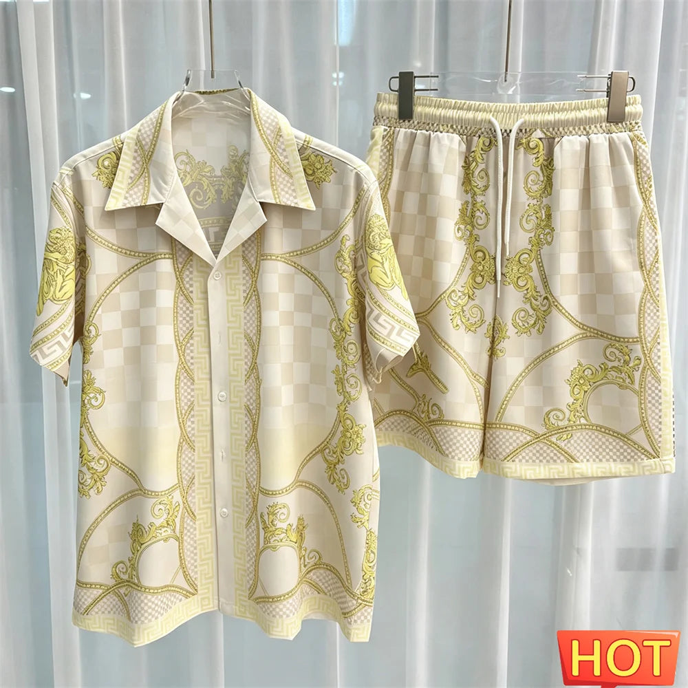 Gradient Leisure vacation two-piece set Summer mens shirt set men's matching sets menswear clothing Two piece shorts shirt sets