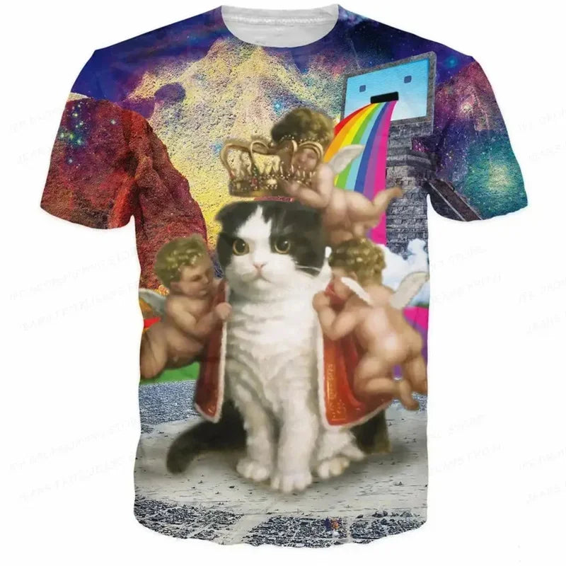3D Printed Funny Cat T Shirt for Men Animal Food Pattern Tees Summer Street Oversize Short Sleeve Tops Loose Round Neck T-Shirts