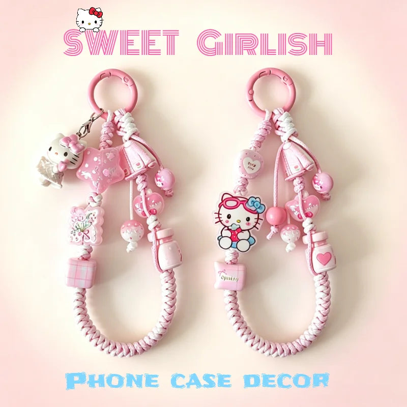 INS Sanrio Hello Kitty Sweet Pink Hand Woven Phone Case Wrist Strap Bead Keychain Bag Decor Pendant for Girl Woman Phone Lanyard