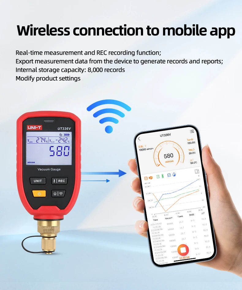  Professional UT336V Wireless Vacuum Gauge With LED Alarm IP54 Waterproof 8000 Data Storage for HVAC Refrigeration APP Alarm