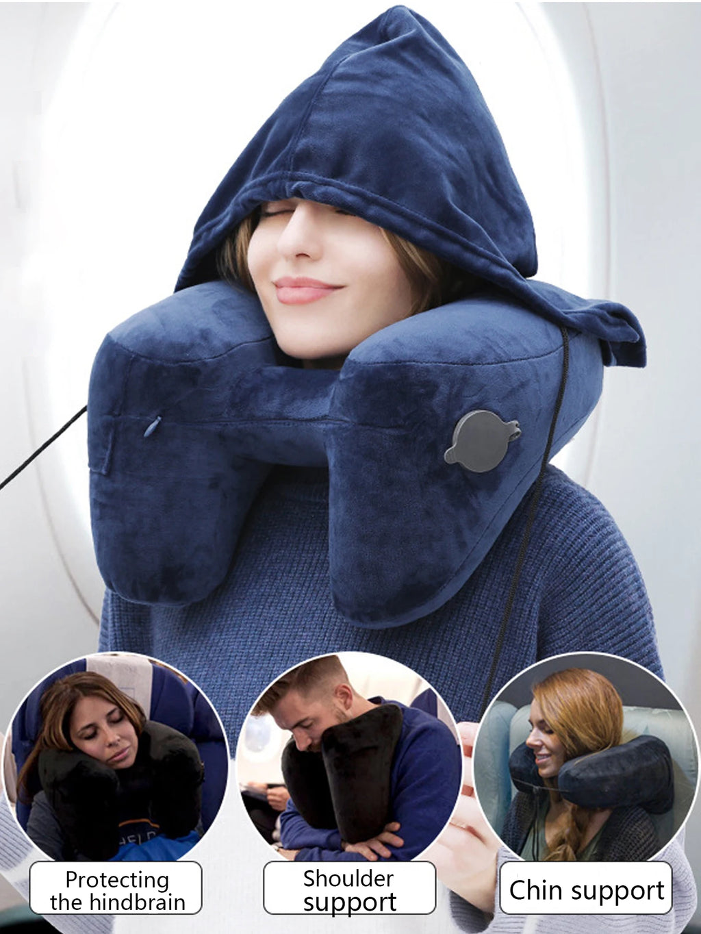 1PC Neck Pillow Travel Inflatable U-shaped Pillow H Hooded Aviation Neck Pillow with a Blackout Windproof Cap Portable