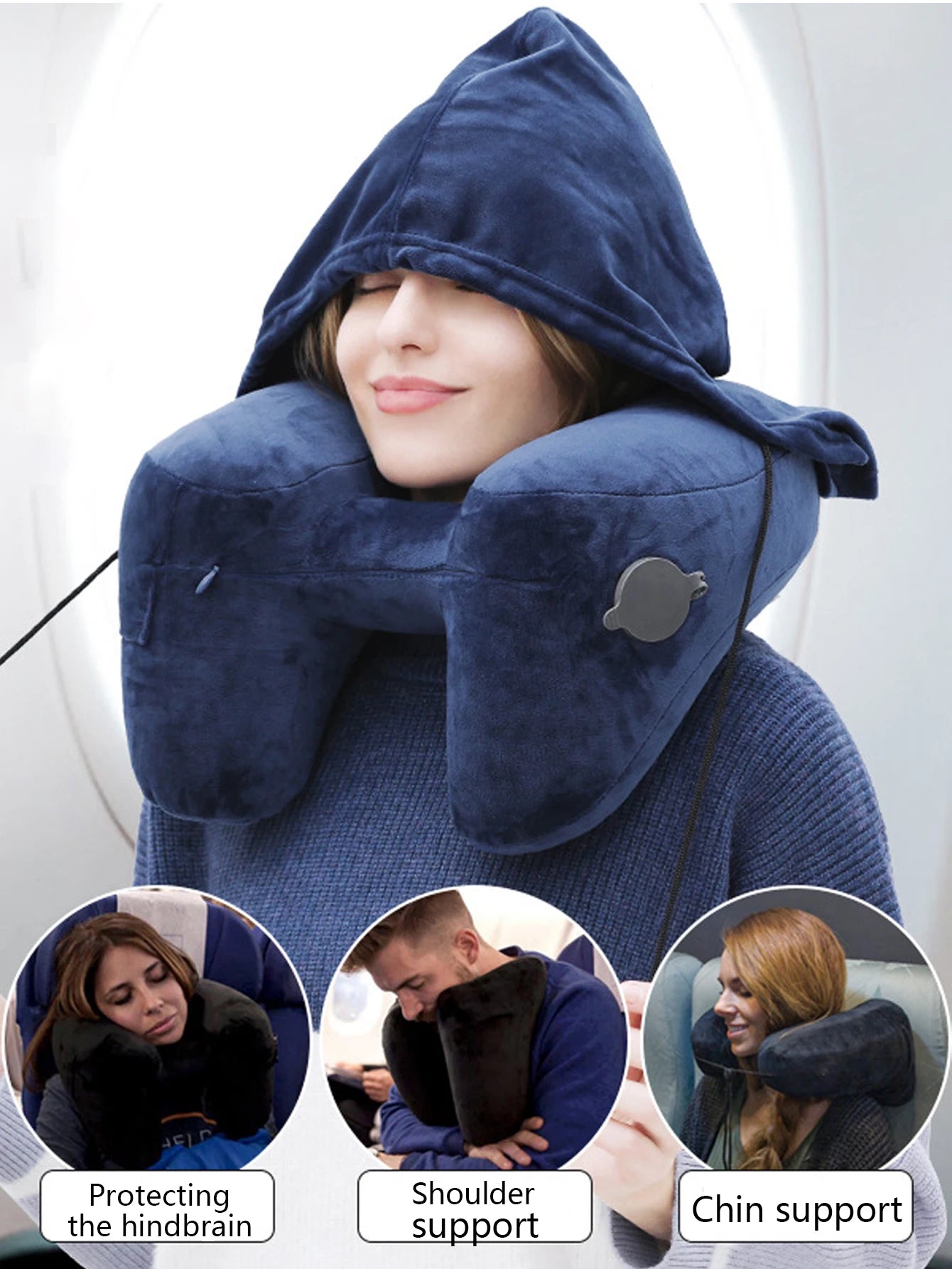 1PC Neck Pillow Travel Inflatable U-shaped Pillow H Hooded Aviation Neck Pillow with a Blackout Windproof Cap Portable