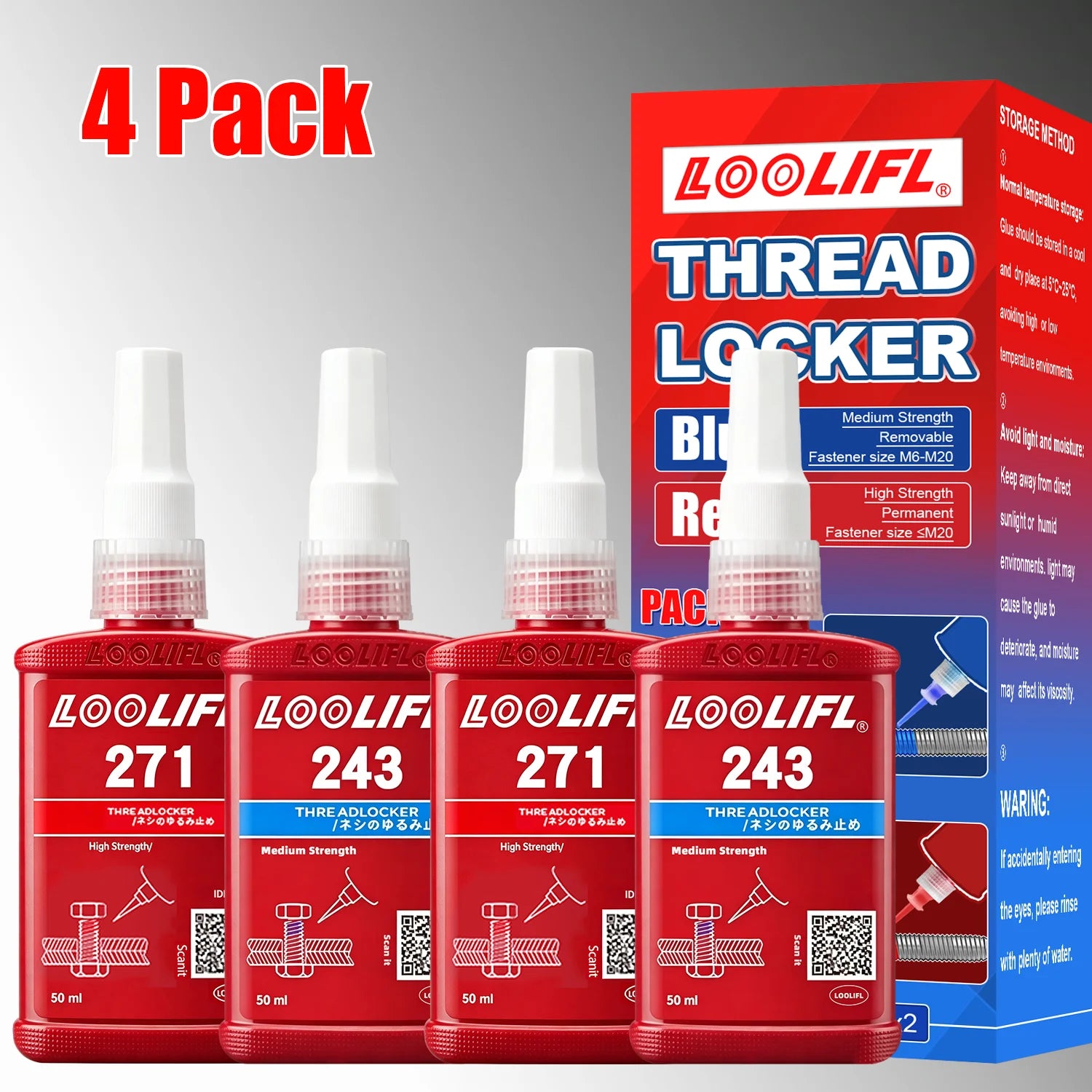 Blue & Red Thread Locker, Medium High Strength Thread Sealant for Nuts Bolts Fasteners Metal Threads, Anti-Loosening Anti-Leak Anaerobic Thread Lock Compound, 50ml×4 Pack Thread Lock Adhesive Glue