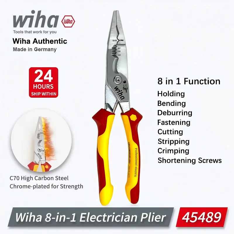 Wiha 45489 Multifunctional 8-in-1 Industrial Electrician Insulated Wire Strippers Pointed Crimping and Cutting Pliers 1000V VDE