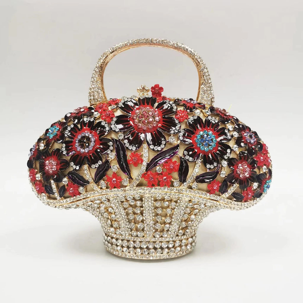 WHTUOHENG Women's Rhinestone Embellished Flower Leaves Basket Clutch Bag Luxury Diamond Evening Purse Crystal Bridal Handbag