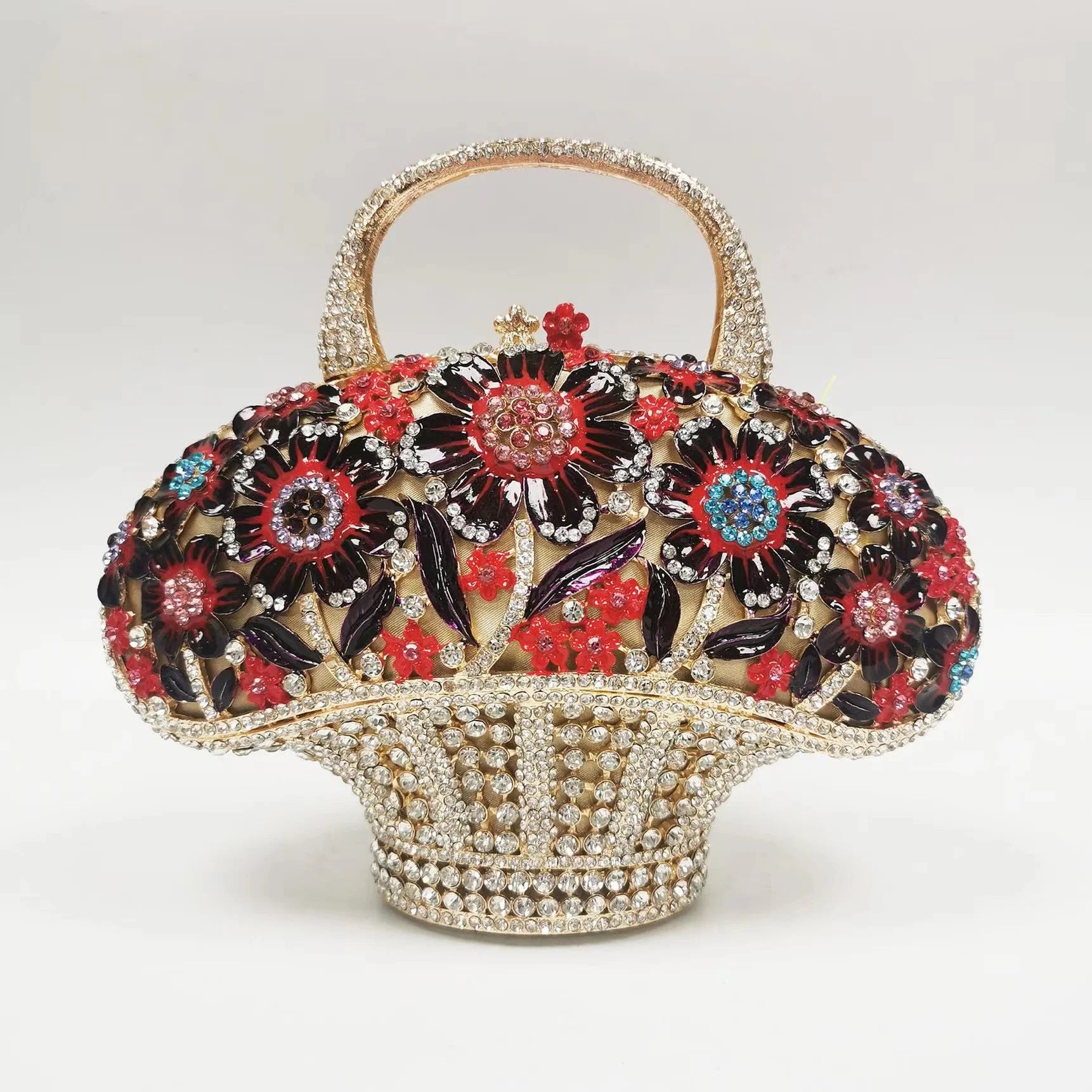 WHTUOHENG Women's Rhinestone Embellished Flower Leaves Basket Clutch Bag Luxury Diamond Evening Purse Crystal Bridal Handbag
